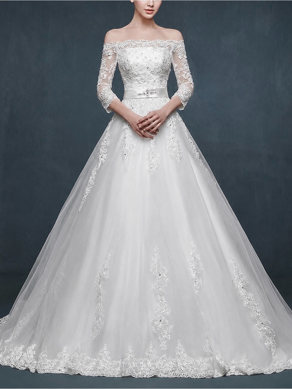Off-Shoulder White Lace Ball Gown Dress